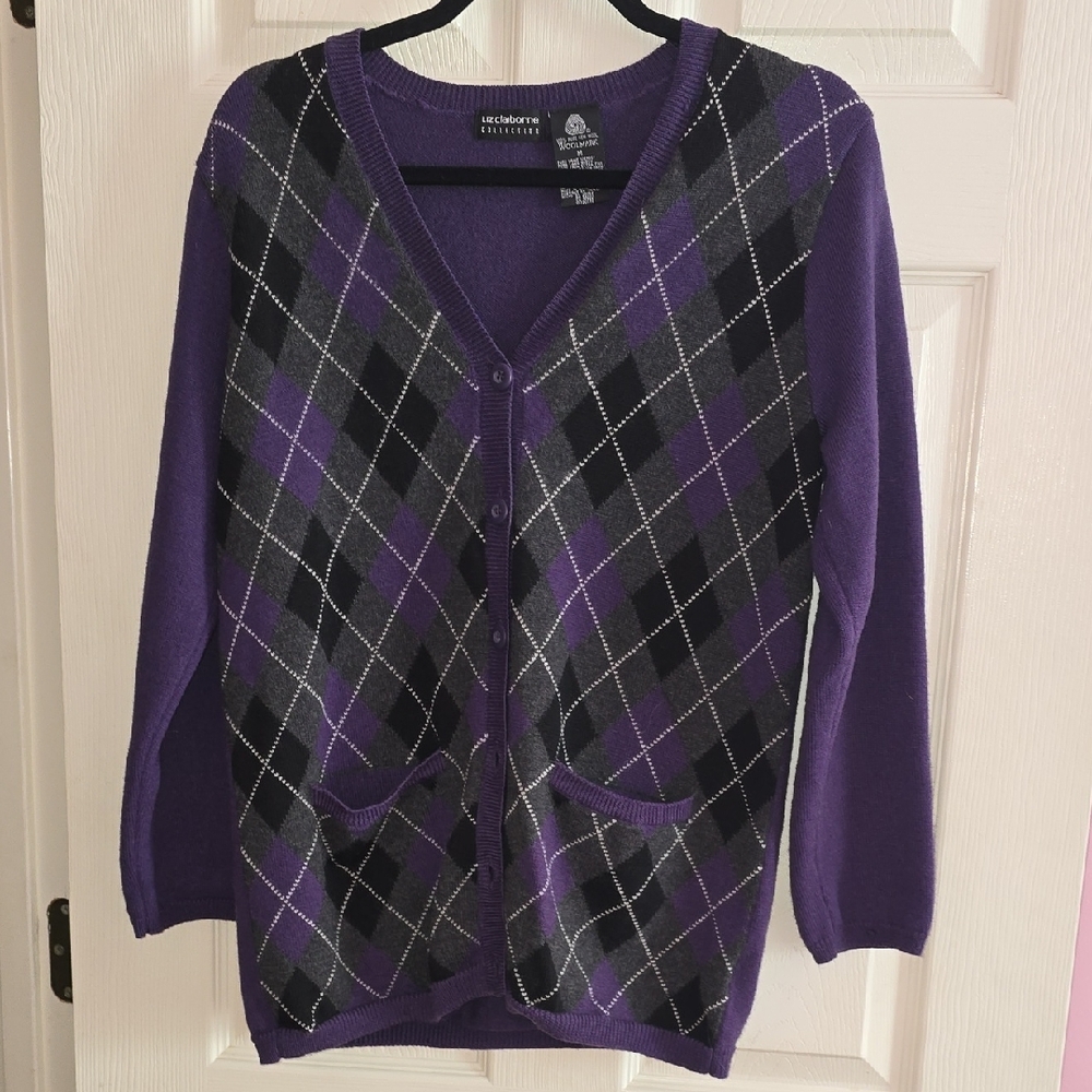 Liz Claiborne Purple and Gray Argyle Cardigan